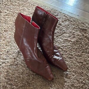 DKNY Burgundy Leather Ankle Boots with Chunky Heel